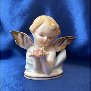 Vintage Porcelain Ardco Angel Cherub Bust Holding Pink Rose